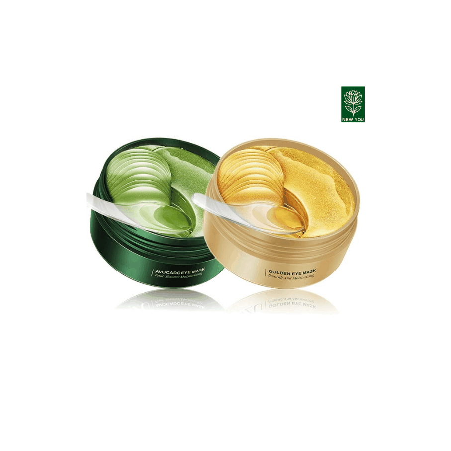 Avocado Golden Collagen eye masks in green and gold jars with spatulas for under-eye care and hydration