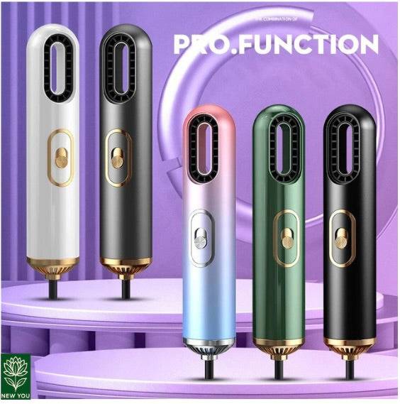 Mini 3-in-1 electric hair dryer in multiple colors with blow-dry, straightening, and volumizing functions, portable and compact design for travel and daily use.