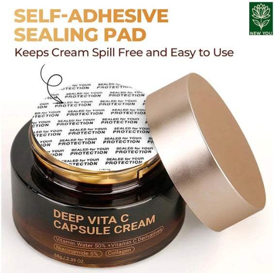 Deep Vita C Capsule Cream jar with open lid and self-adhesive sealing pad showing vitamin C skincare benefits