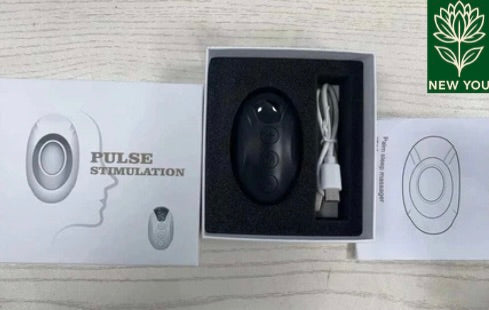 Handheld Sleep Aid device with pulse stimulation for improved sleep, including USB charging cable and packaging box