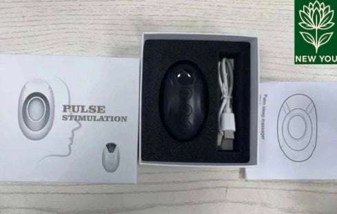 Handheld Sleep Aid device with pulse stimulation for improved sleep, including USB charging cable and packaging box