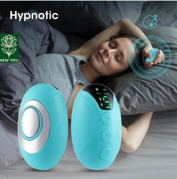Blue handheld sleep aid device with digital display and controls promoting restful sleep