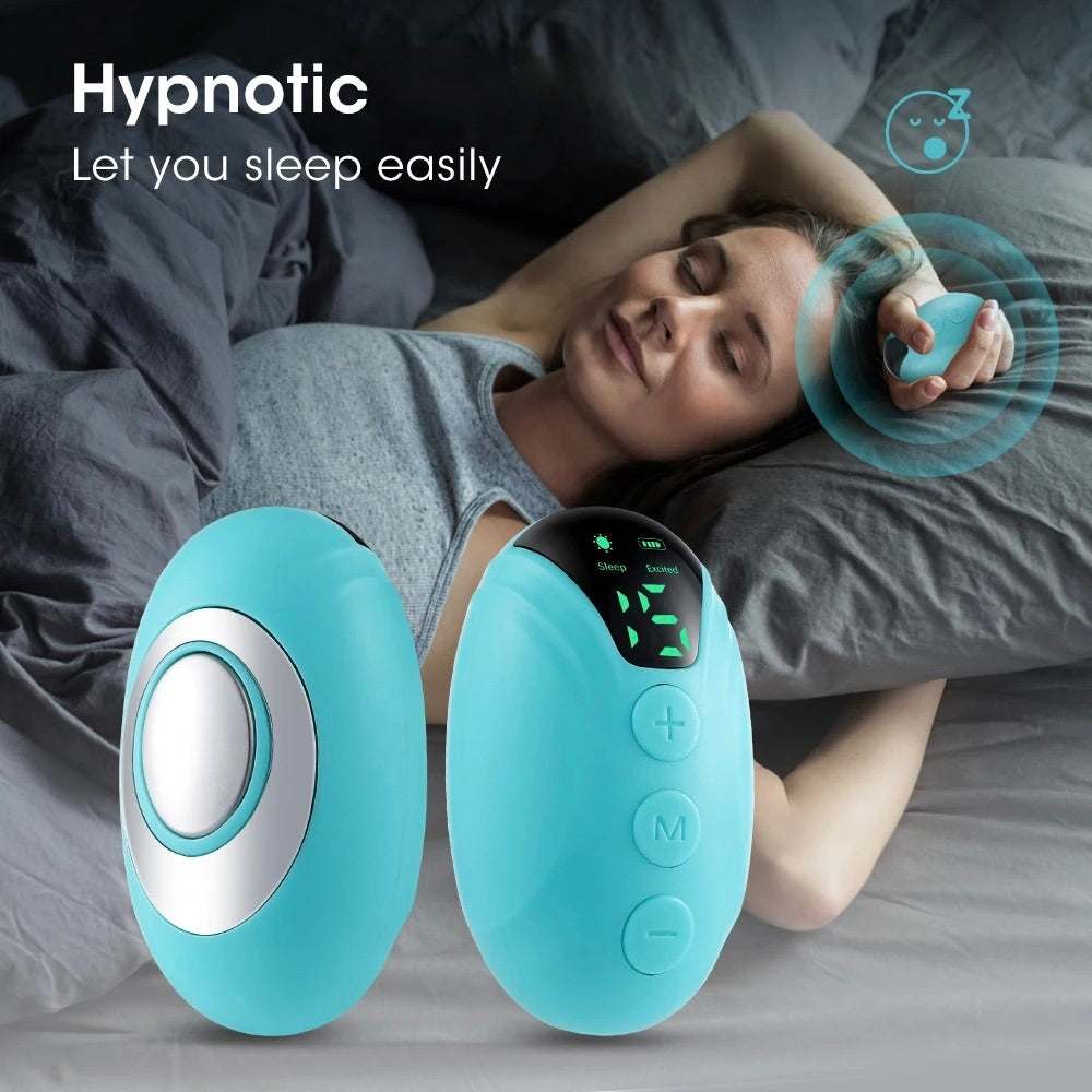 Blue handheld sleep aid device with buttons displayed alongside a relaxed woman sleeping peacefully in bed