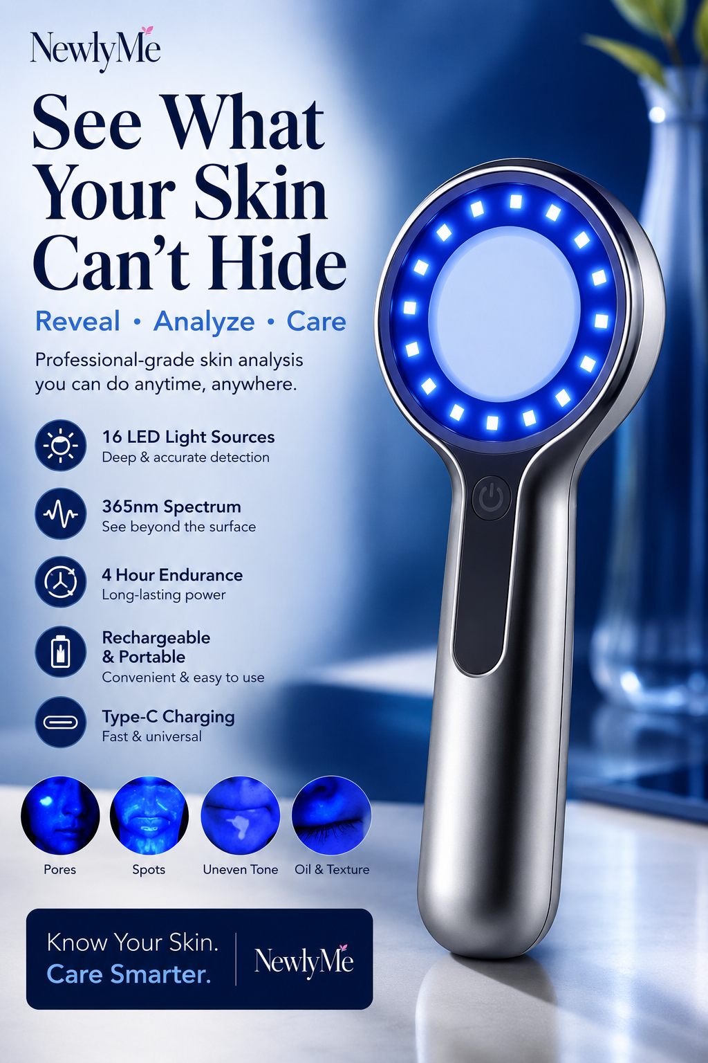 Handheld Woods Lamp Skin Analyzer detecting UV damage and pigmentation irregularities