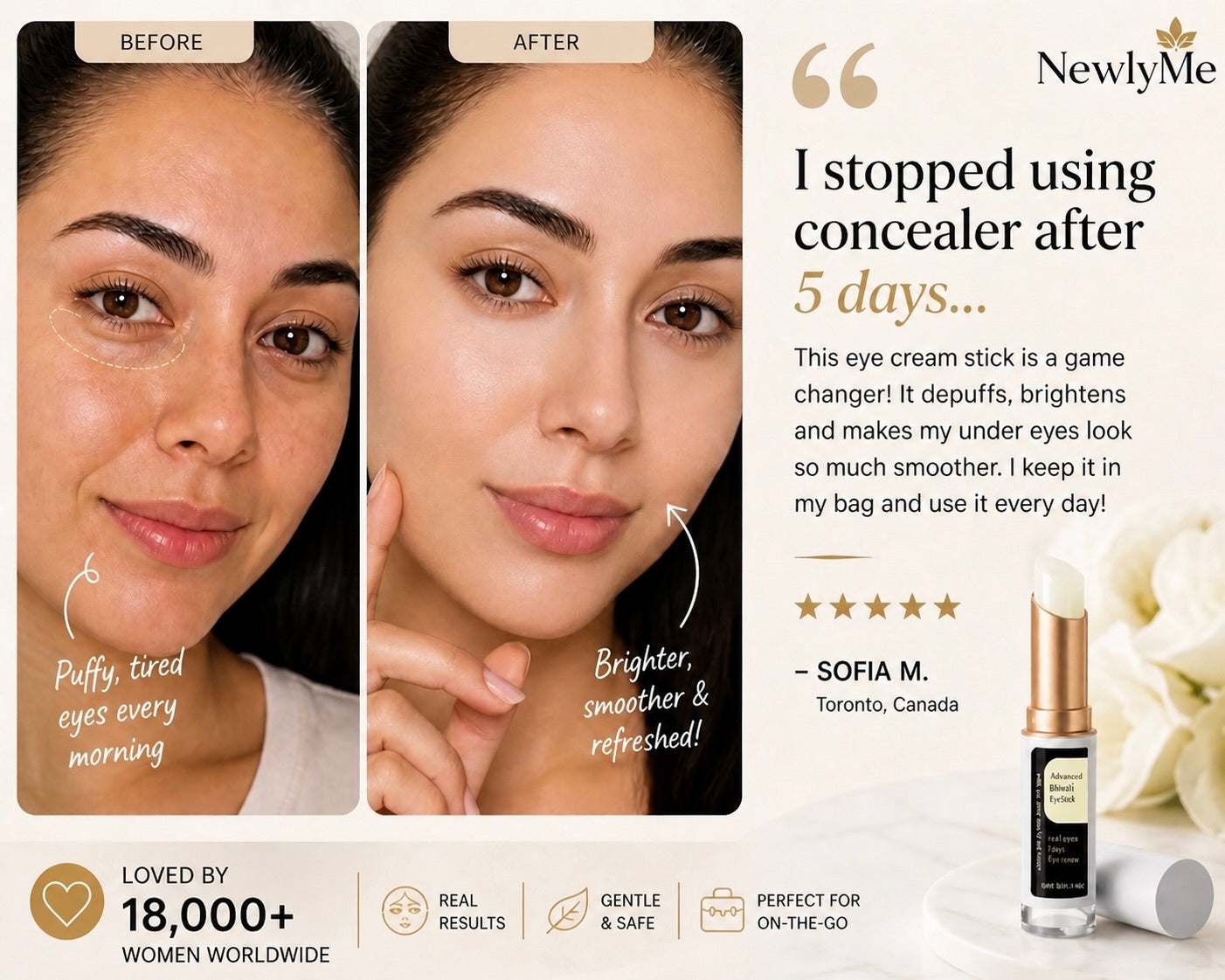 Before and after comparison of Snail Snail Eye Cream Stick usage.