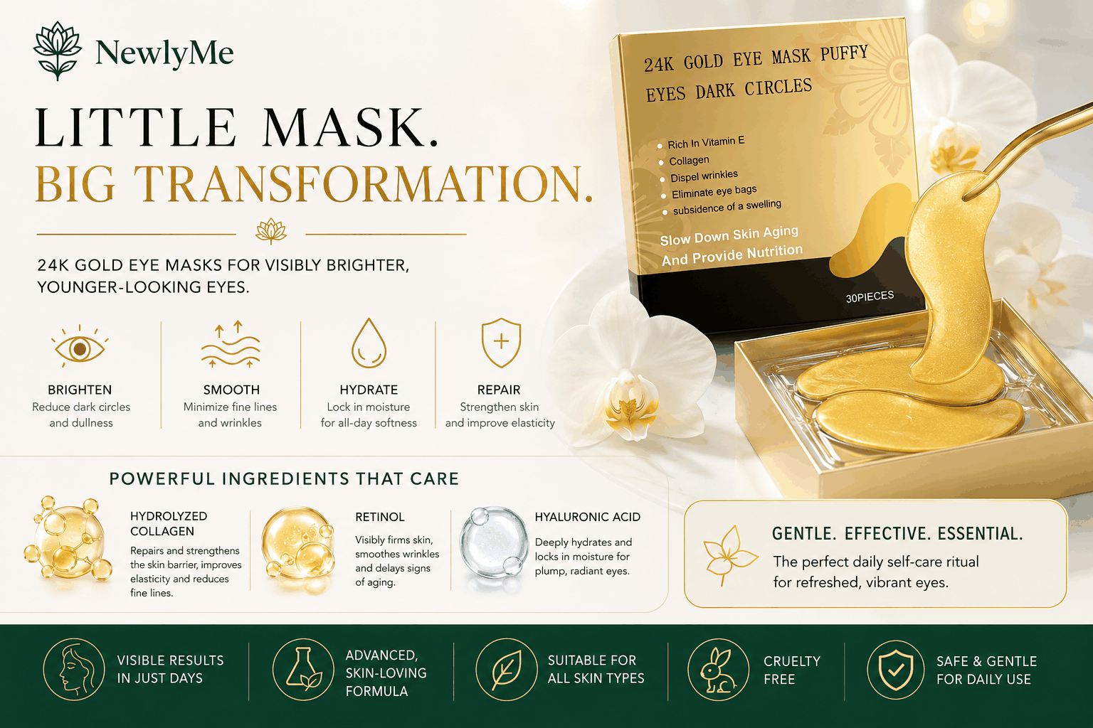 24K Gold Anti-Aging Under Eye Mask for Dark Circles & Puffiness  (30 PCS)