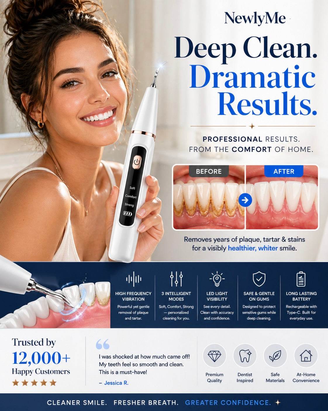 Woman holding the a dental scaler device and before-and-after results shown.