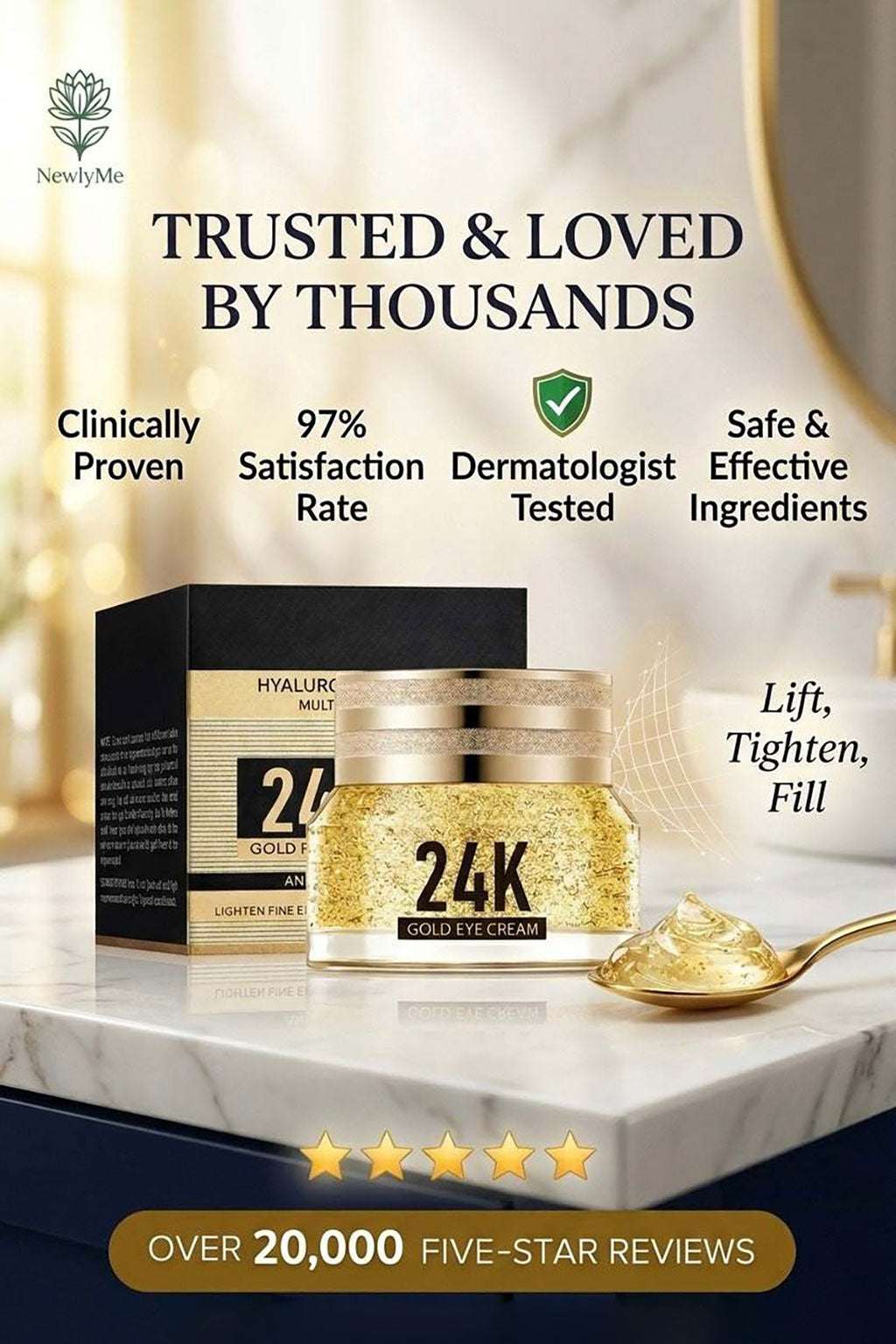 24K Gold Eye Cream and text highlighting its features on a marble surface.
