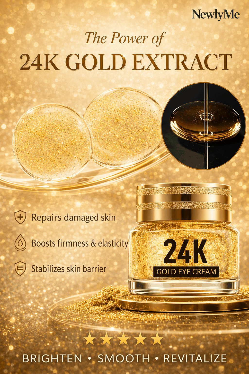 24K Gold Eye Cream with gold extract and benefits on a gold background