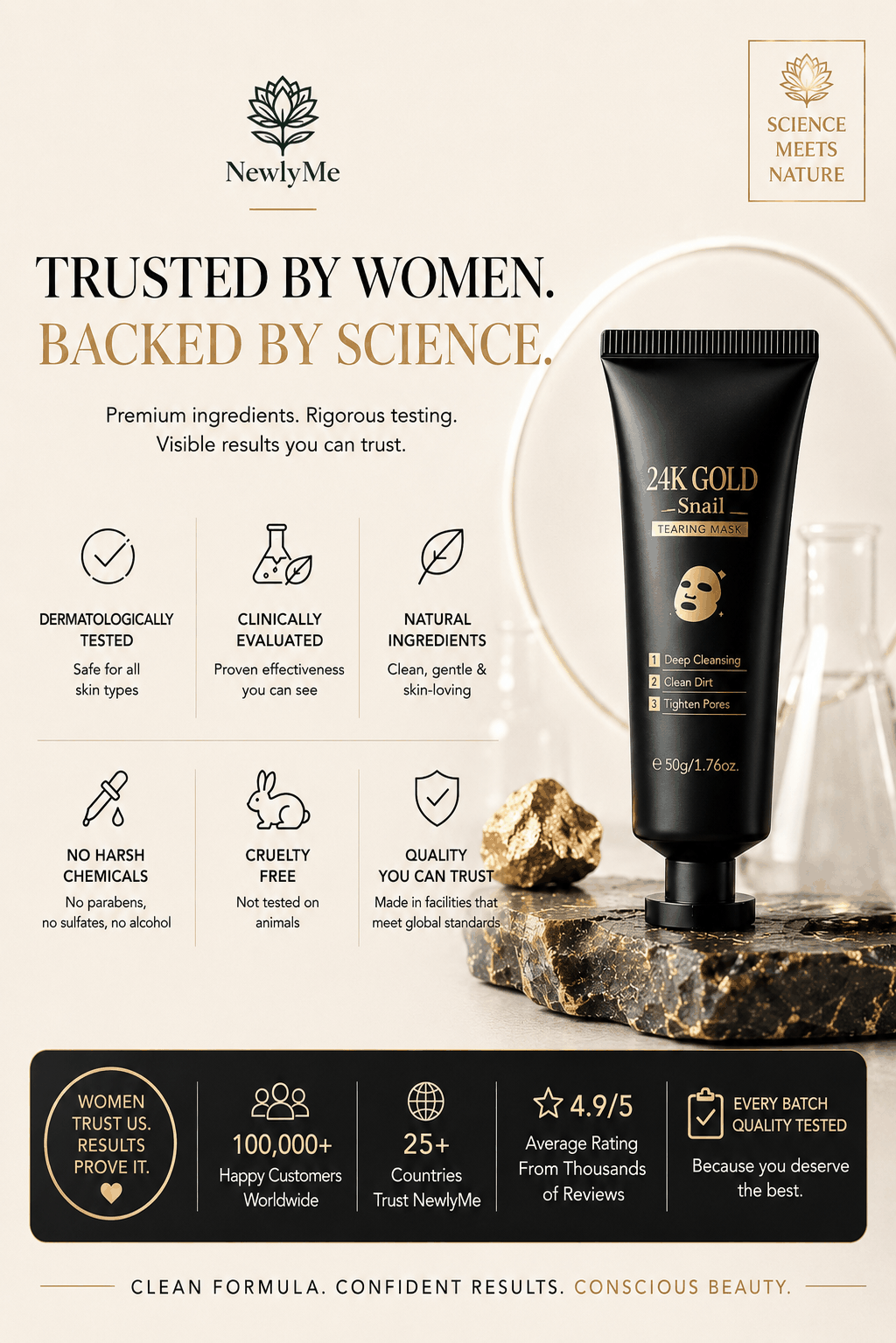 24K Gold Snail Collagen Mask with product details on a beige background