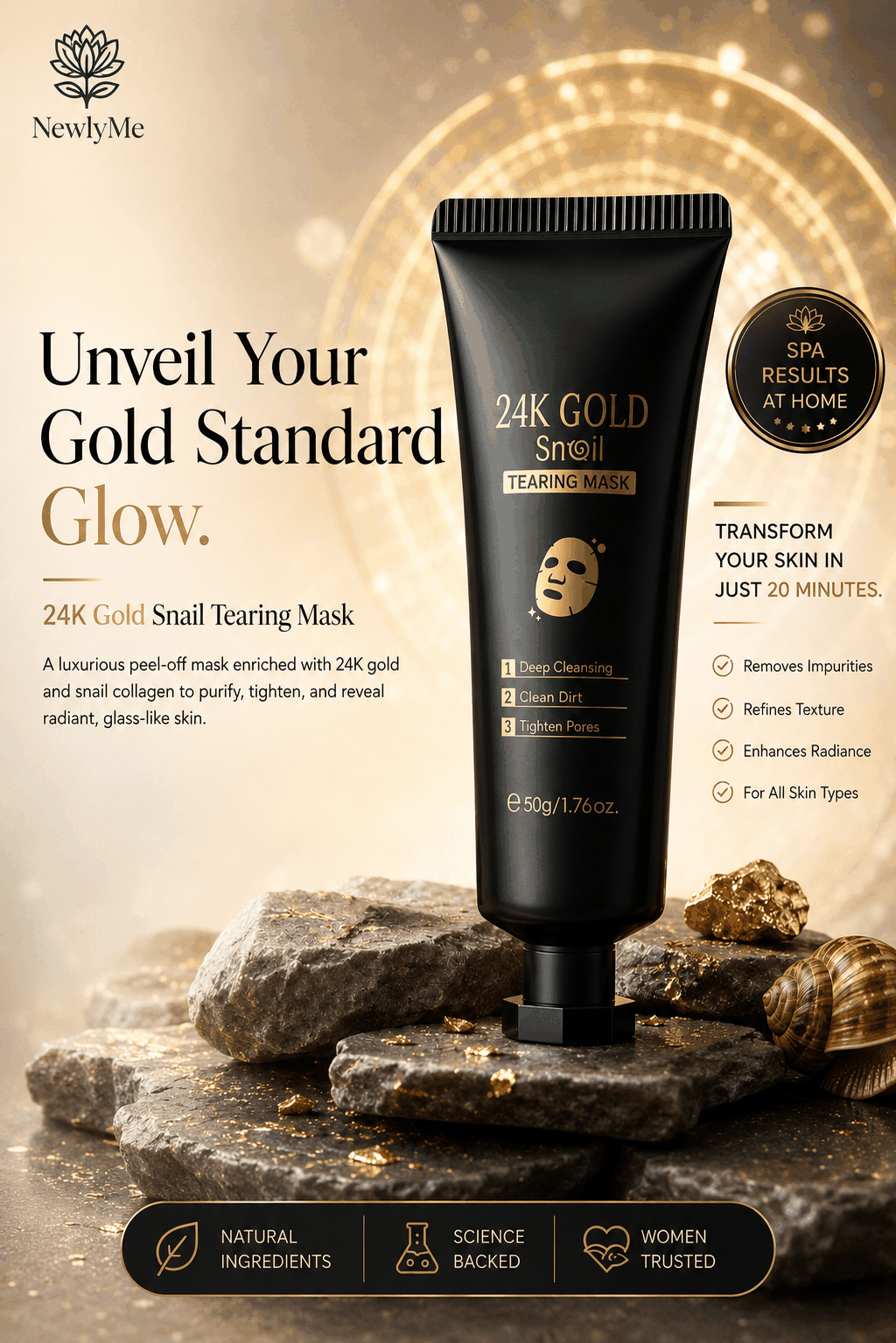 24K Gold Snail Collagen peel-off face mask packaging with gold and snail design
