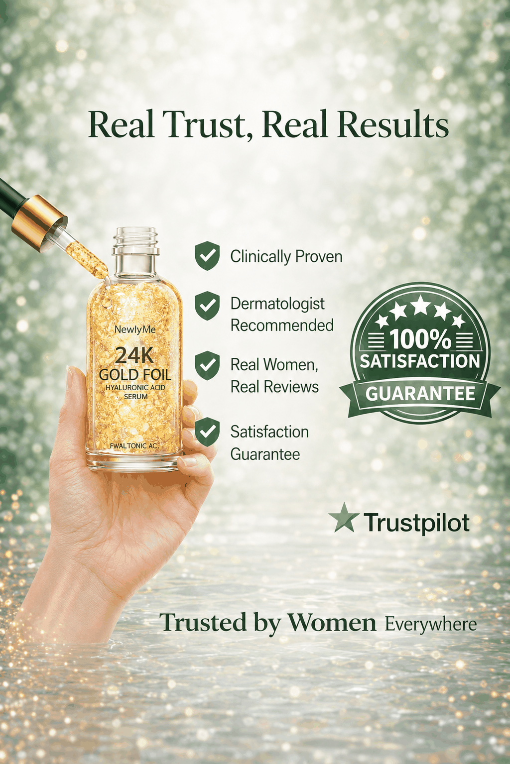 Hand holding a bottle of 24K Gold Foil product with text about trust and results on a sparkling background.