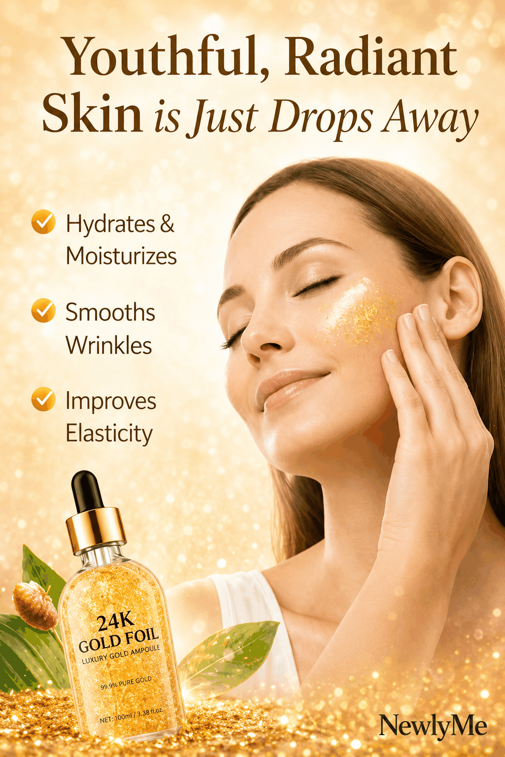 24K Gold Face Serum skincare product with a woman applying it, featuring text about its benefits.