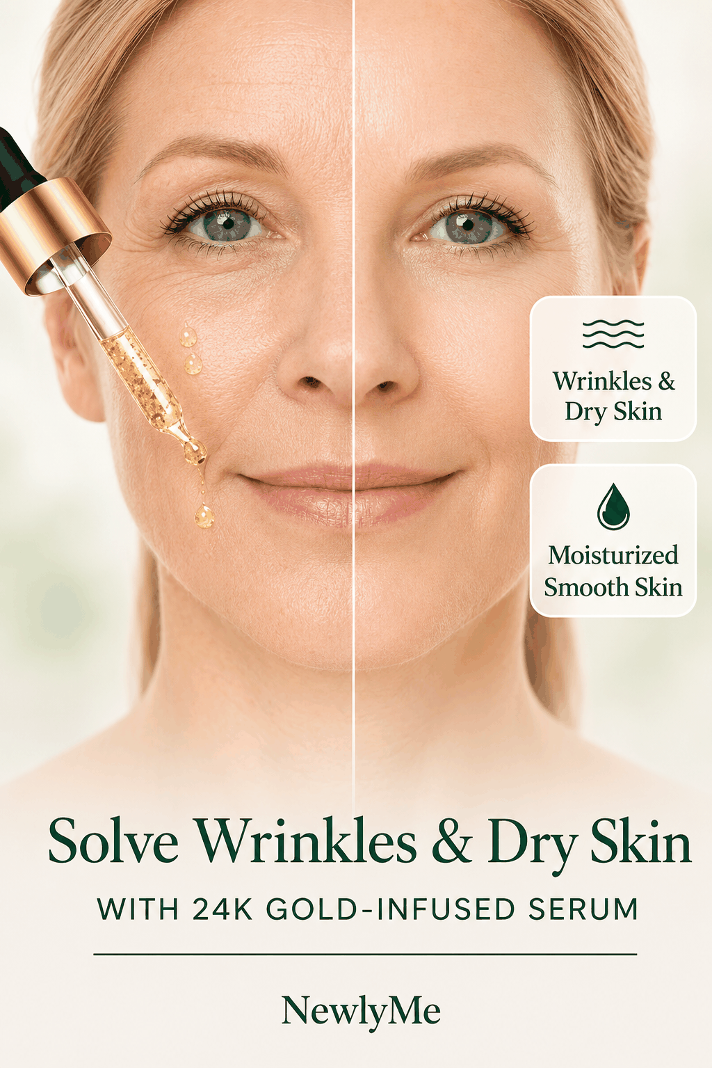 24K gold-infused serum with a split-face comparison showing wrinkles and dry skin before and moisturized smooth skin after.