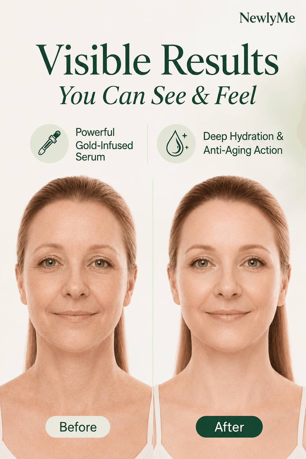 Before and after effect of a skincare product on a woman's face.