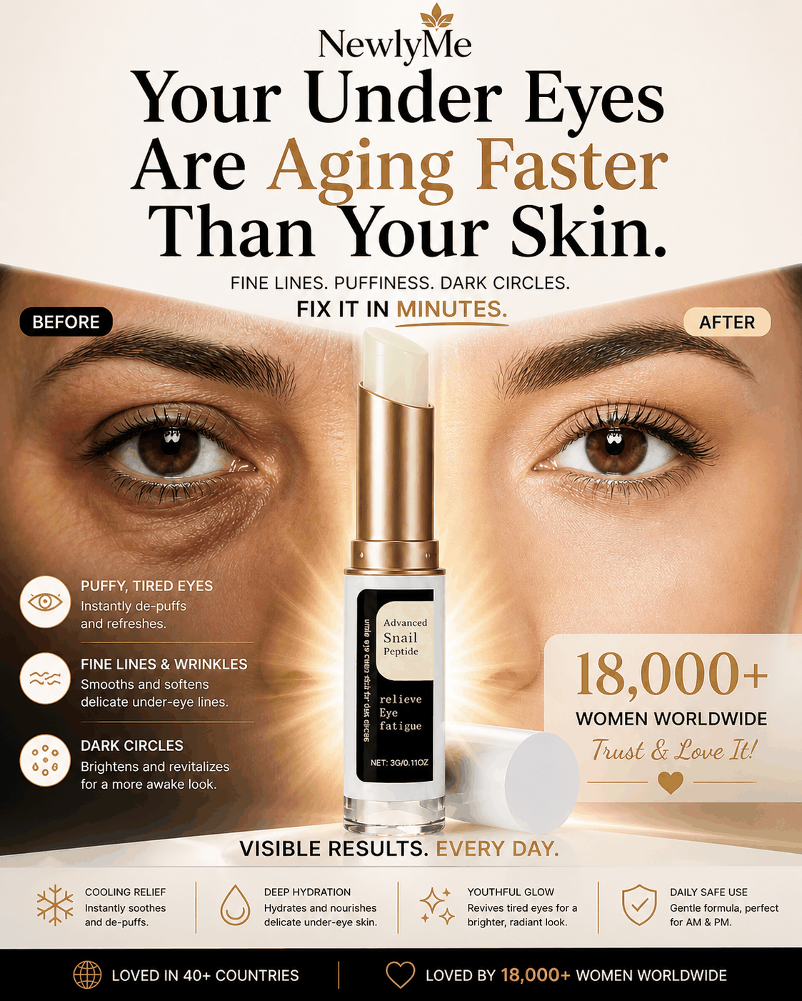Before and after comparison of Snail Snail Eye Cream Stick usage.