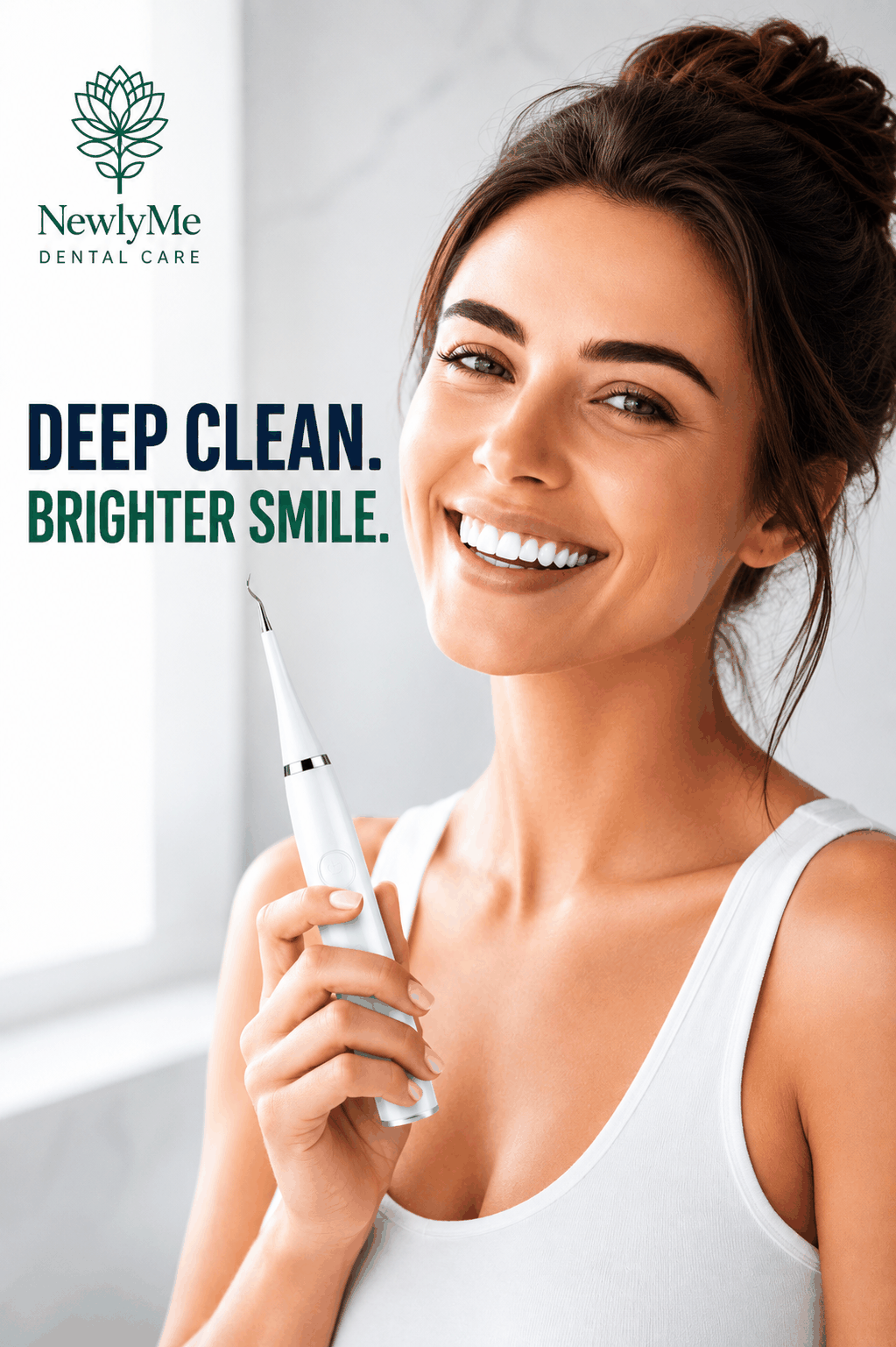 Woman holding a dental cleaning device with 'NewlyMe Dental Care' branding and text 'Deep Clean. Brighter Smile.'
