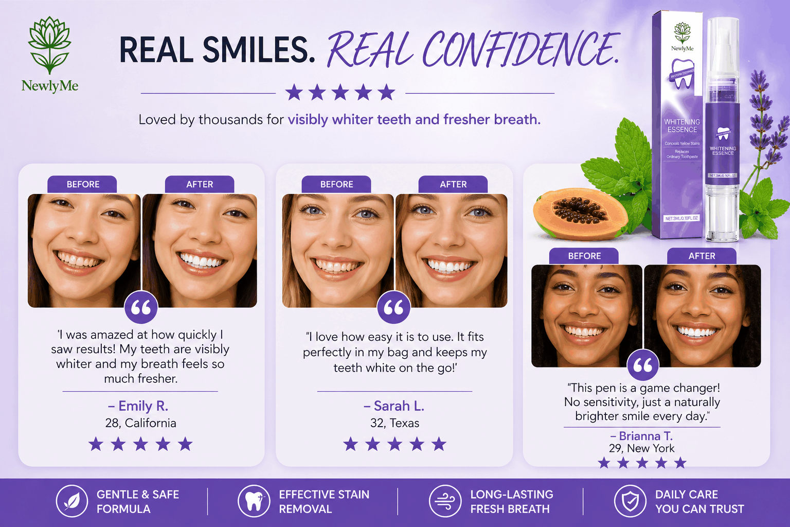 Teeth whitening product with before and after images of users' smiles, product packaging, and customer testimonials.