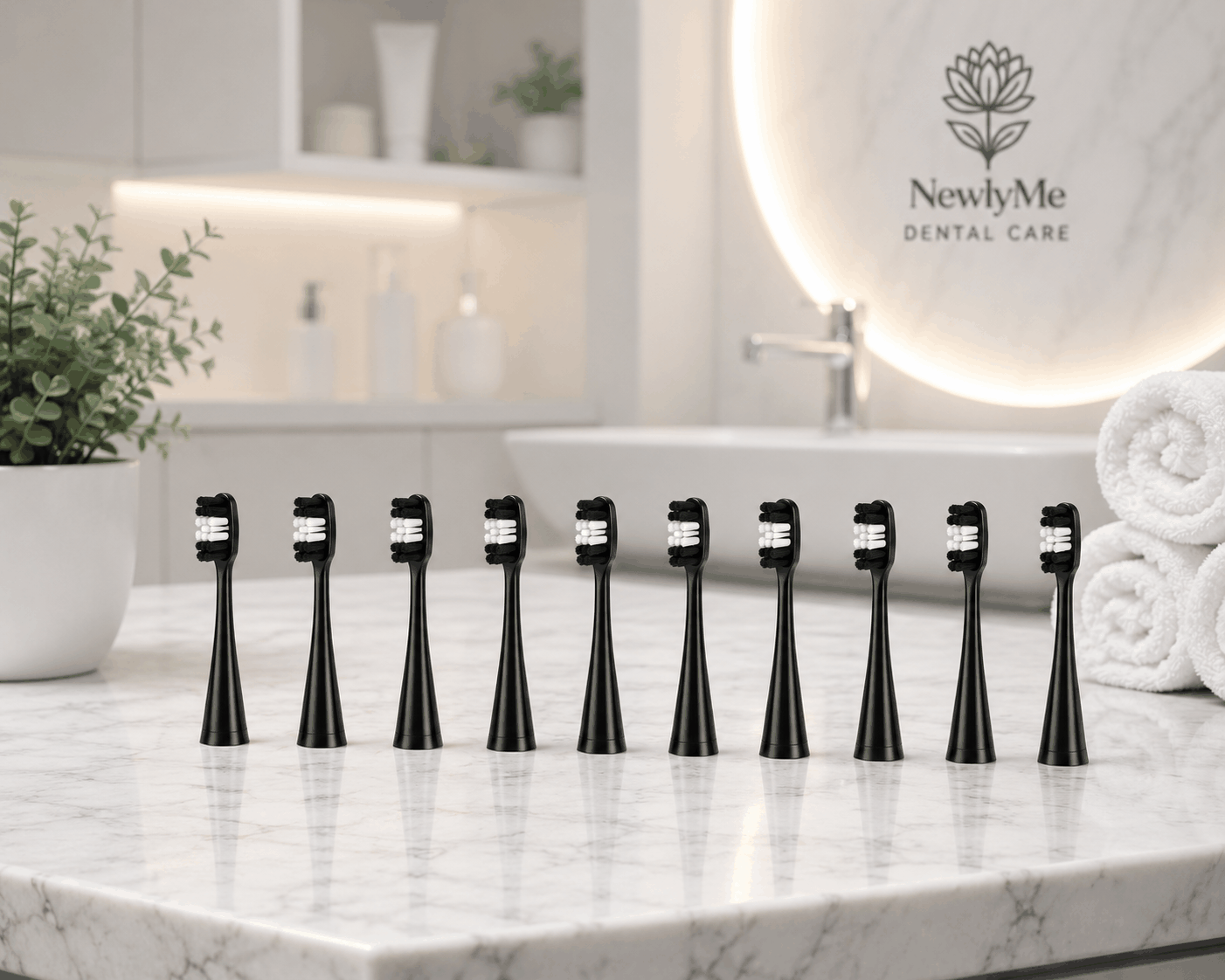 Row of black toothbrush heads on a marble surface with 'NewlyMe Dental Care' branding.