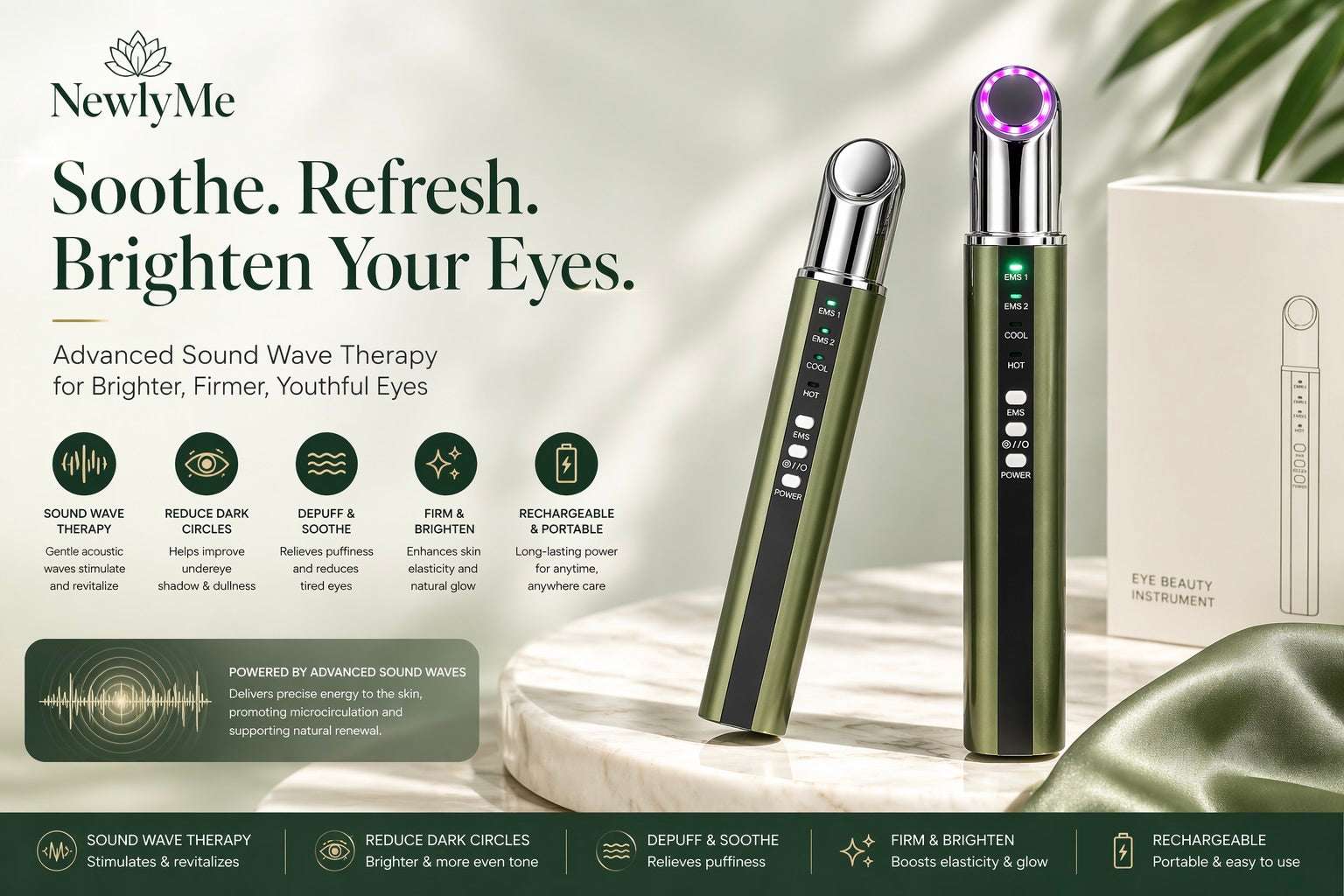 Green Sound Wave Eye Massager for soothing and rejuvenating tired eyes with multiple therapy modes