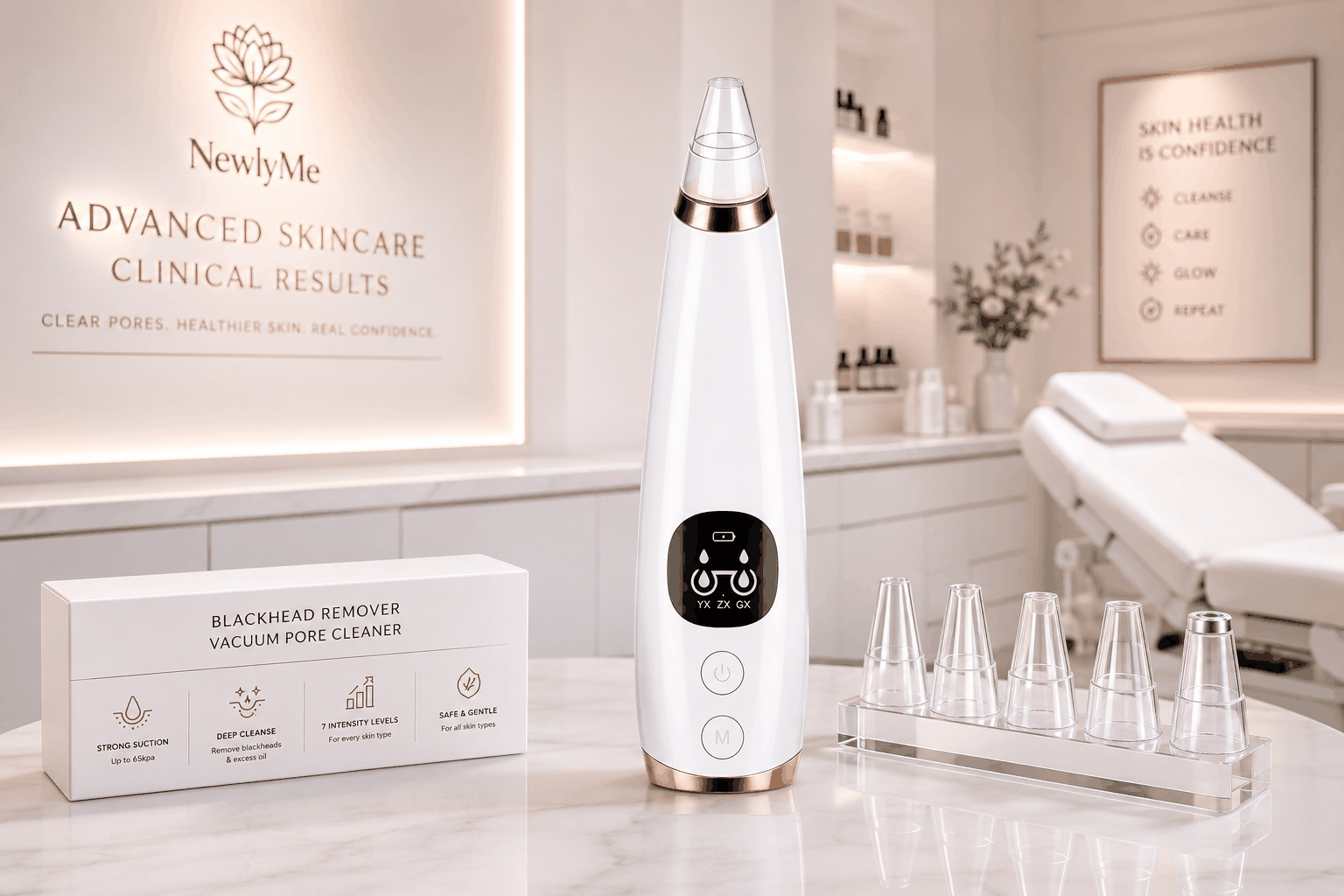 White blackhead remover with packaging on a counter in a clinical setting.
