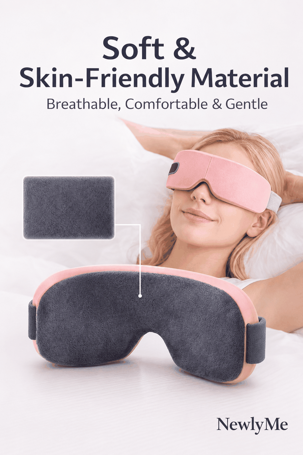 Eye Massager Mask with soft material feature, woman wearing it, and text about comfort.