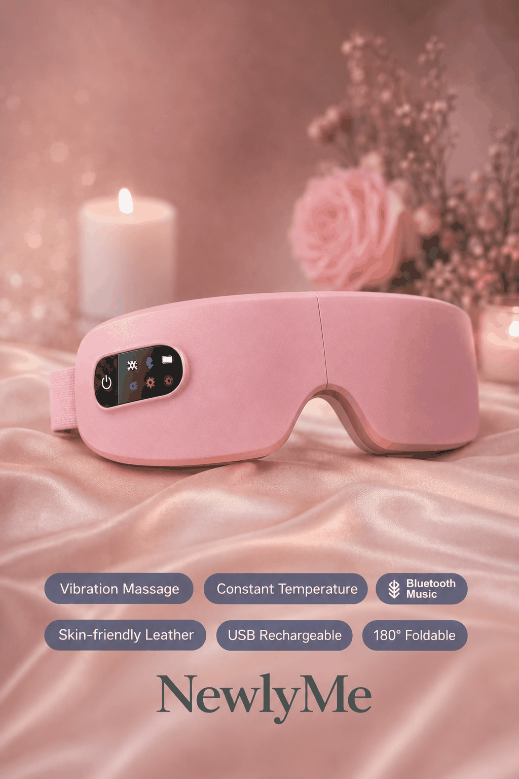 Pink eye mask with electronic controls on a soft fabric background with candles and flowers.