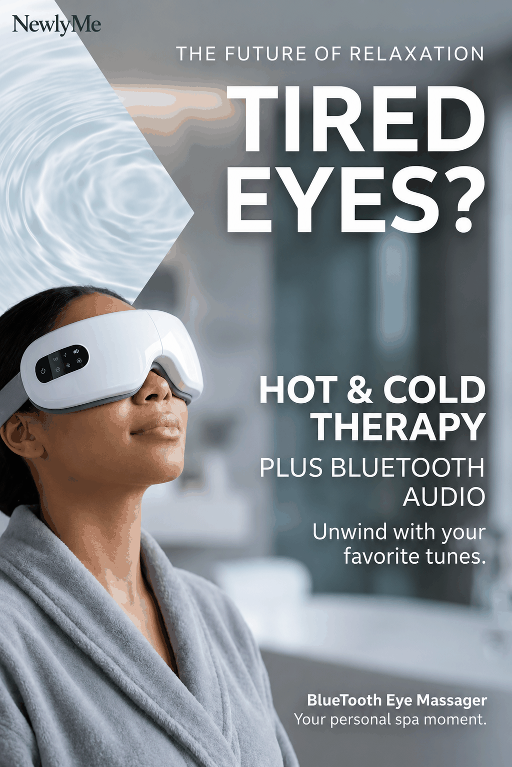 Woman wearing a white eye massager with text about hot and cold therapy, and Bluetooth audio.