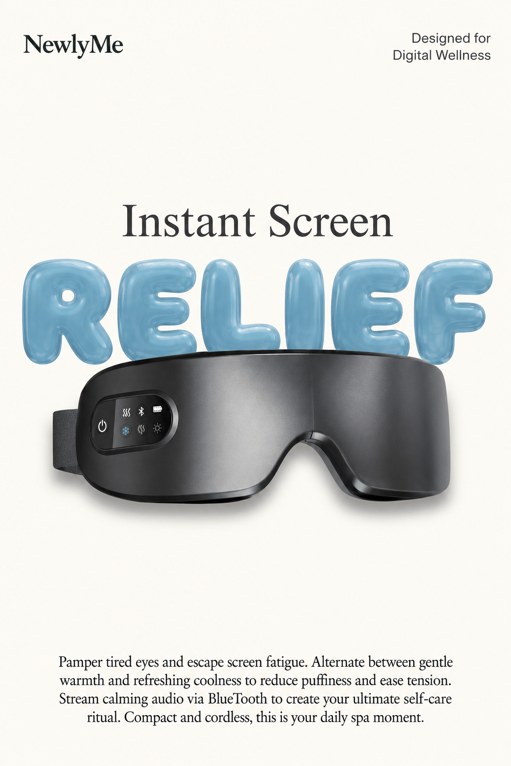 Black eye mask with text 'Instant Screen RELIEF' on a white background