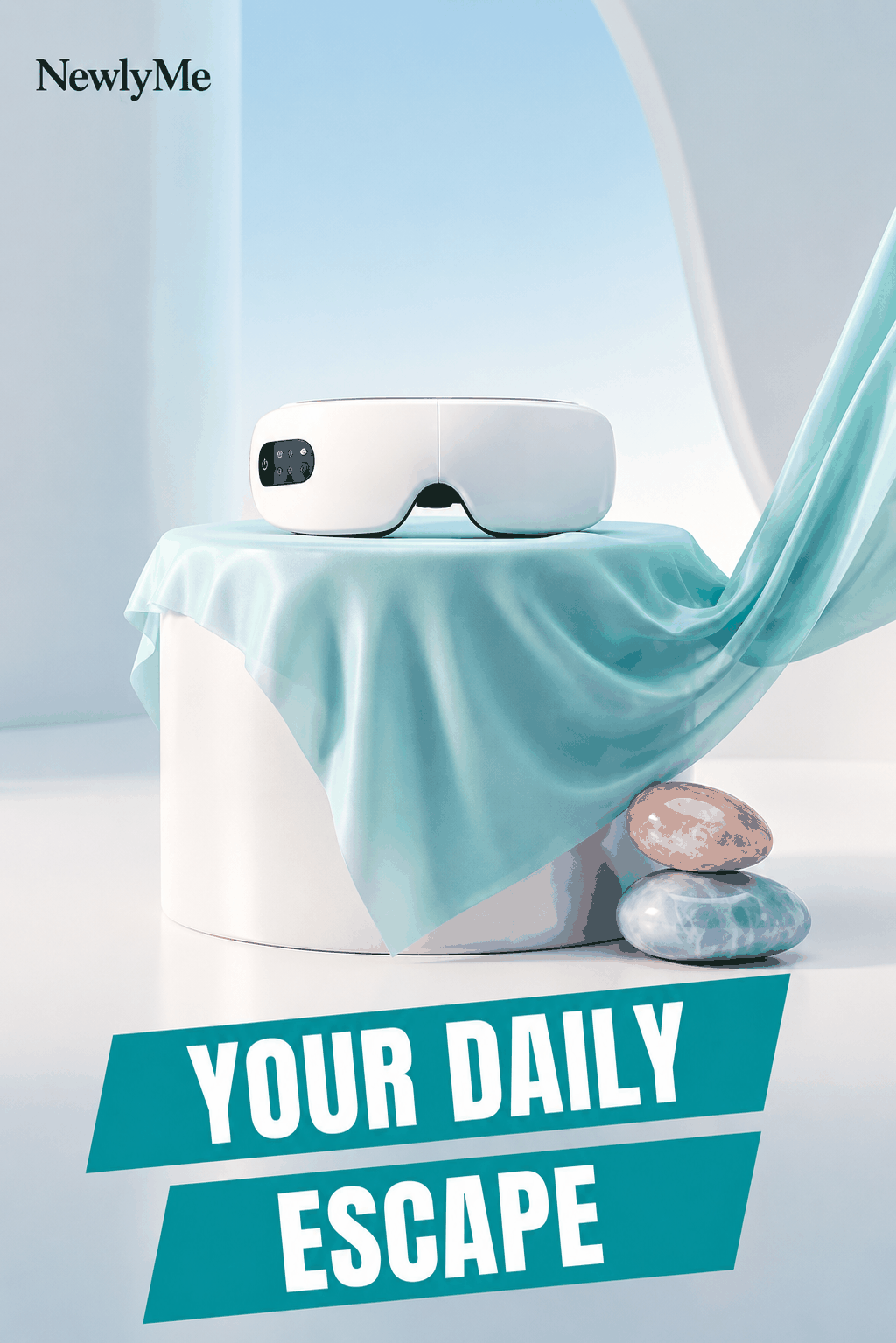 WhiteEye Massager on a stand with draped fabric and stones, with 'Your Daily Escape' text.