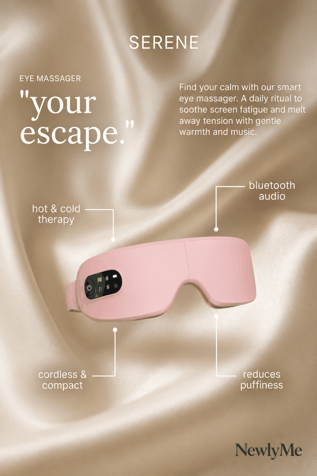 Pink eye massager on a satin background with features highlighted