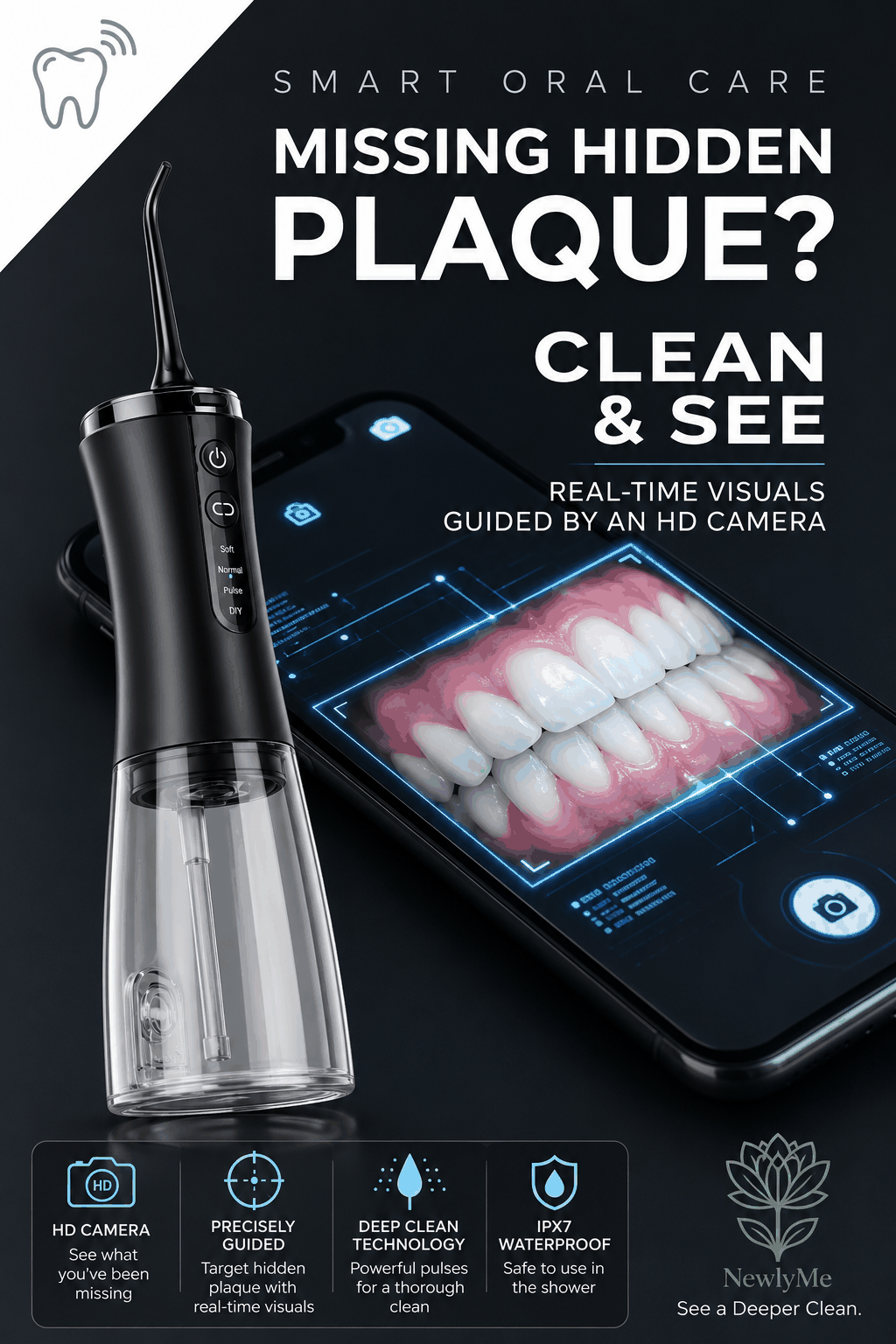 Water flosser with built-in camera and high-resolution display for precise oral hygiene cleaning