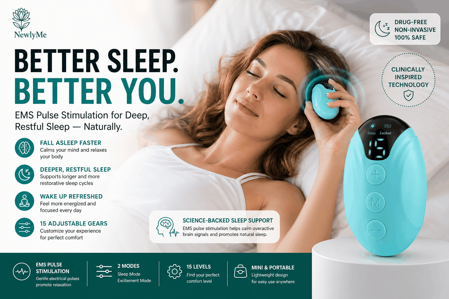 Compact handheld sleep aid device with calming vibrations for better sleep and stress relief
