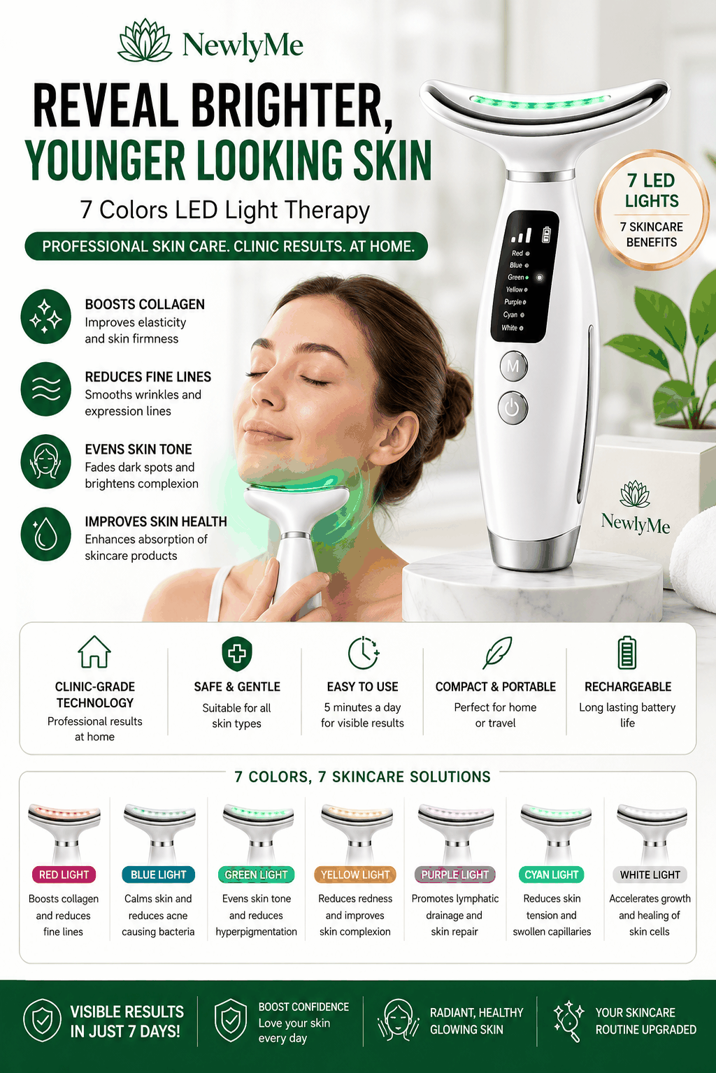 Compact 7 Color Facial Massager with LED lights for face neck and shoulder skincare