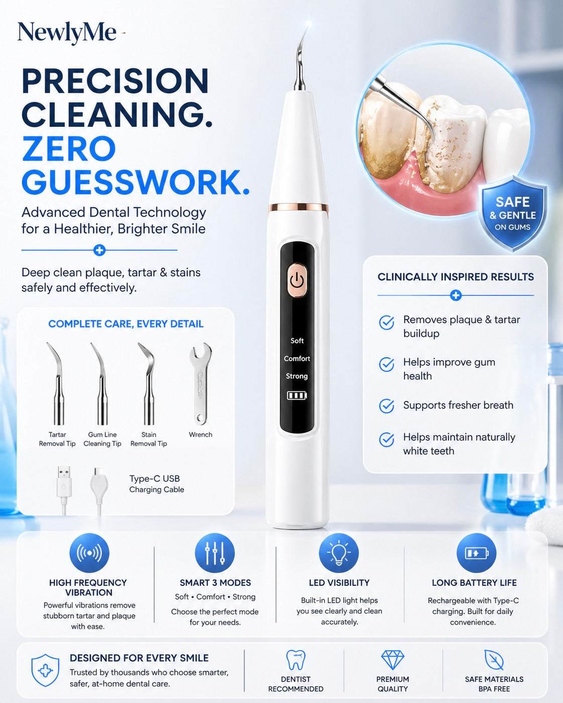 Dental scaler device with features and benefits highlighted on a white background