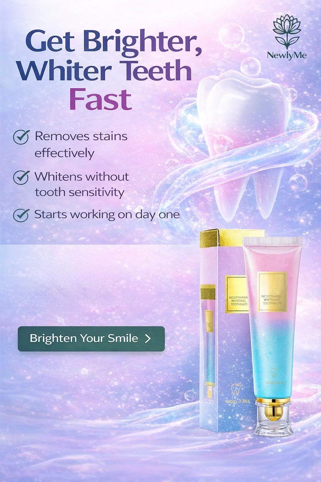 TiK ToK viral whitening toothpaste tube with bright smile and fresh mint leaves background