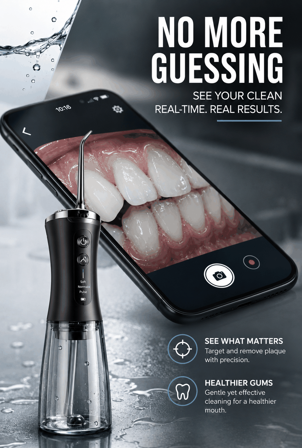 Water flosser with built-in camera for precise oral hygiene and real-time visualization