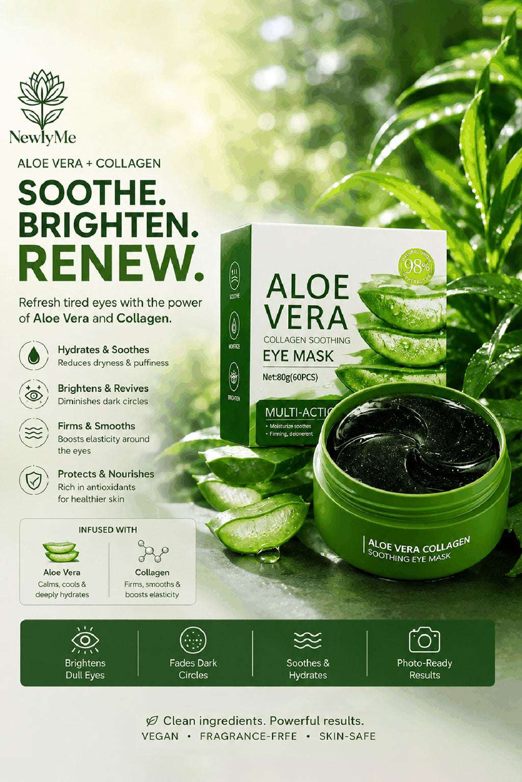 Aloe vera and collagen eye mask packaging with green leaves in the background
