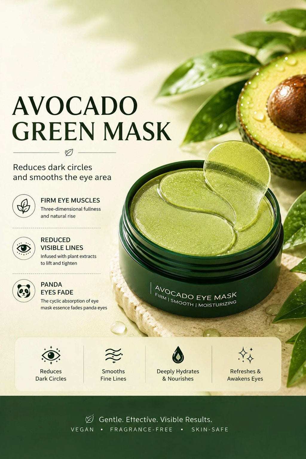 Avocado green eye mask with jar with benefits listed on a natural background