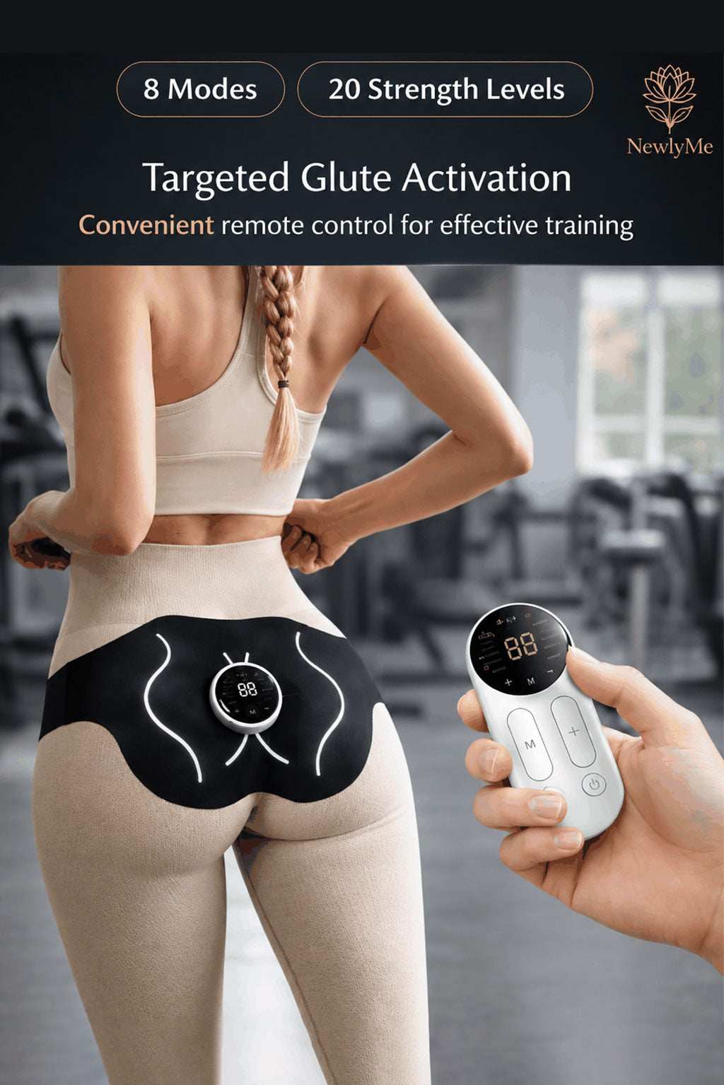 Person using a targeted glute activation device with remote control in an indoor setting.
