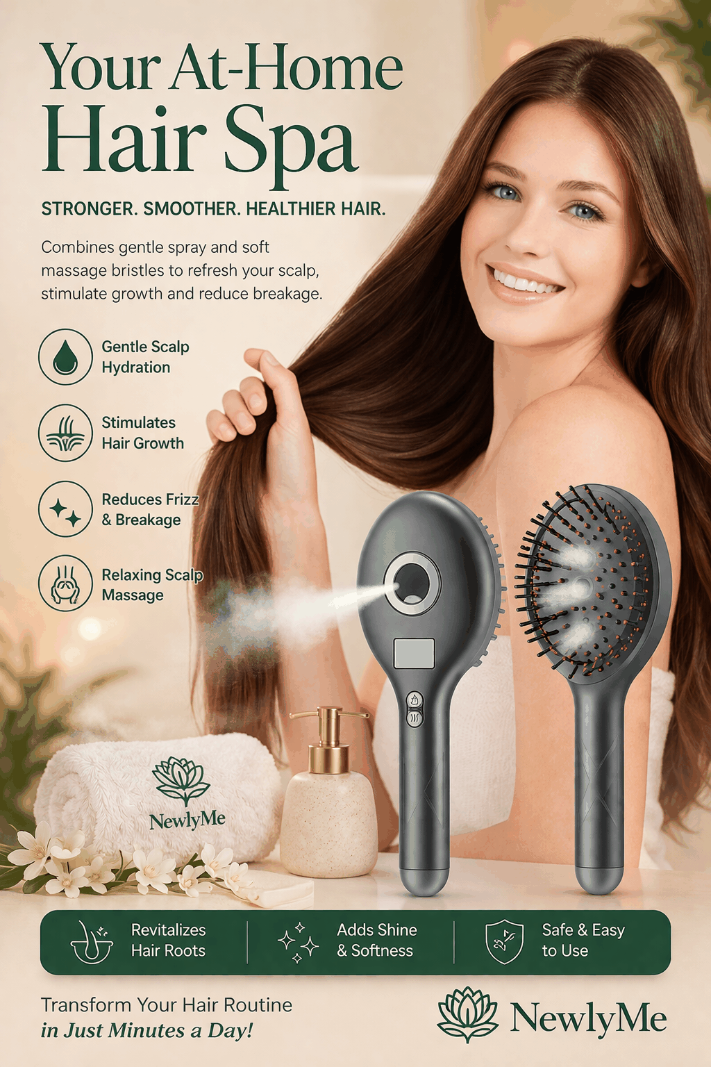 Spray Massage Comb with hydrating spray, massage vibrations, and LCD display for scalp wellness