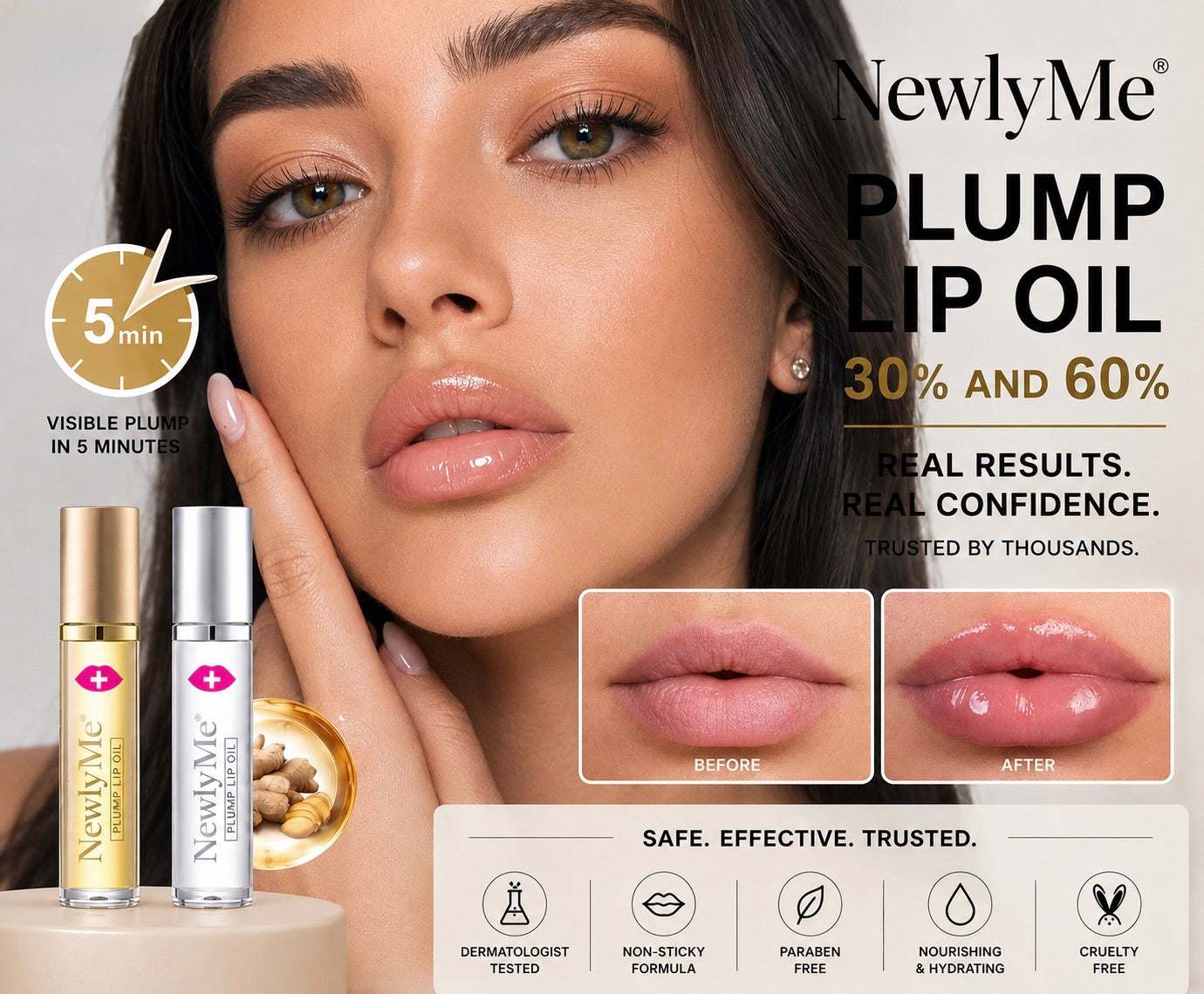 Plump Lip Oil with a woman's lips and product packaging.