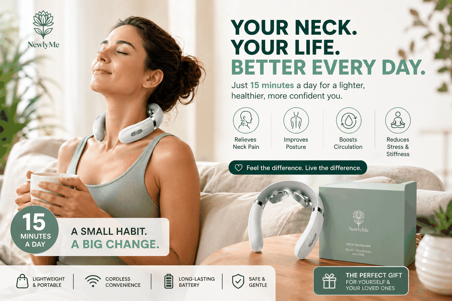 Compact portable neck massager with curved electrode pads for soothing muscle relief and relaxation on the go