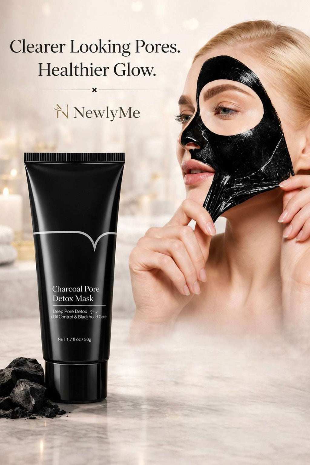 Woman applying charcoal pore detox facial mask.