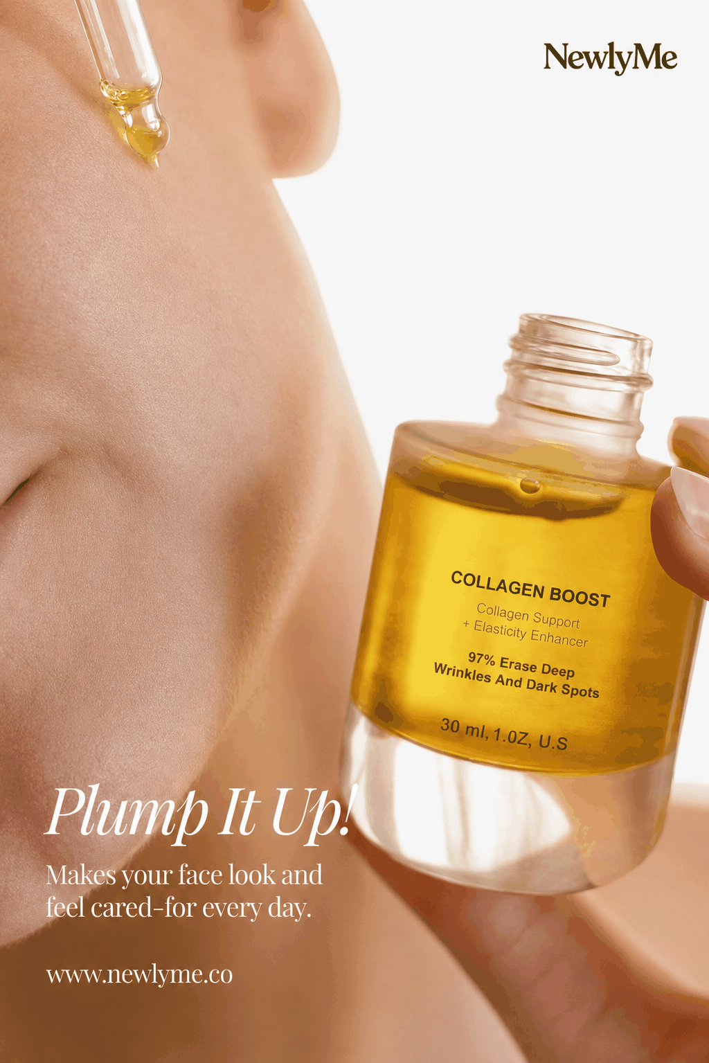 Collagen face serum bottle with orange label highlighting skin elasticity and wrinkle reduction benefits