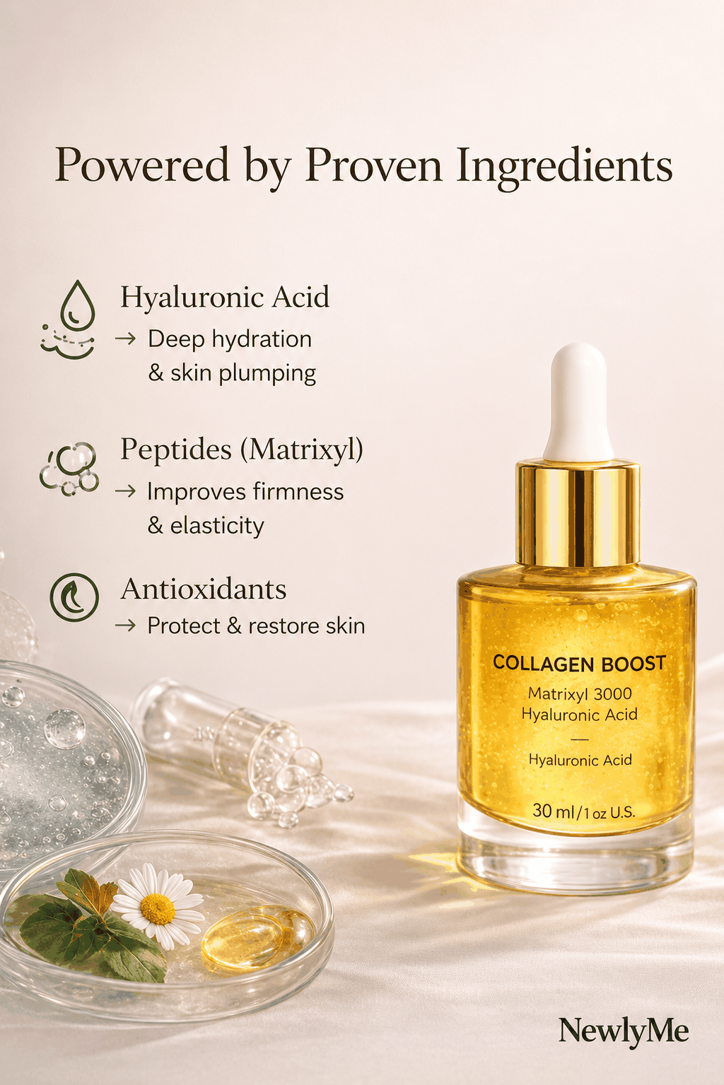 Collagen boost serum with ingredients listed on a light background