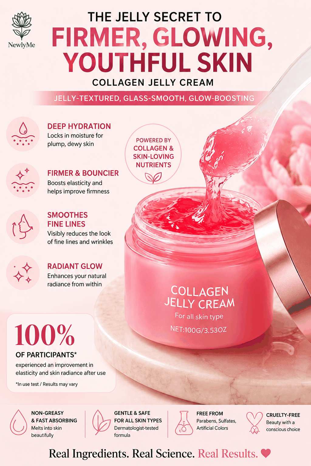 Collagen jelly cream packaging with pink jelly being poured into a jar, surrounded by flowers on a light background.