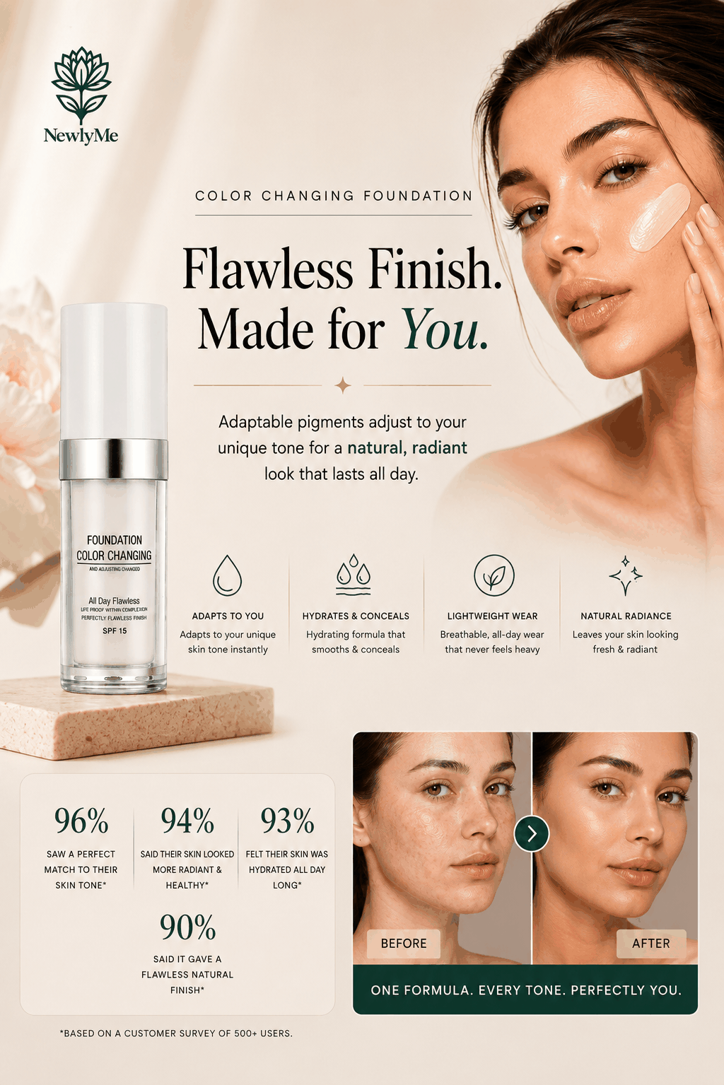 Color-changing foundation with a woman applying the product.
