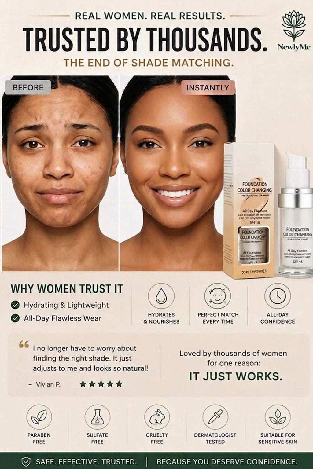 Color Change Foundation product with before and after effects on skin, and product packaging.