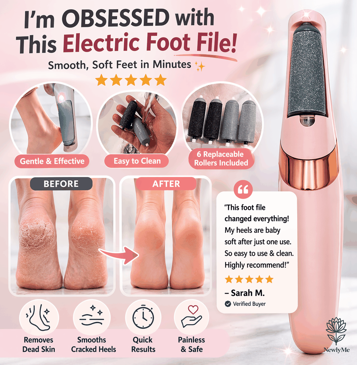Electric pedicure tool with dual-speed, waterproof design, interchangeable rollers, rechargeable battery, and LED light for professional foot care.